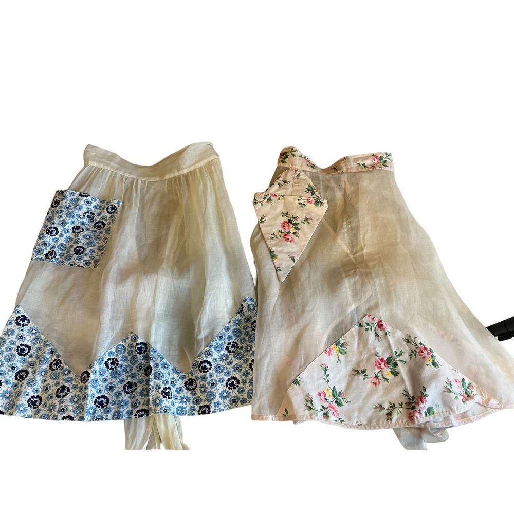 Two Vintage 60s Sheer Half Aprons Pink Blue Floral Print